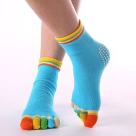 1pair Rainbow Color Non-slip Towel Bottom Yoga Socks, Cozy 5 Toes Split Knitted Calf Crew Socks, Women's Yoga Socks (Color: Caizhilan)