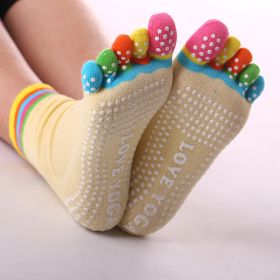 1pair Rainbow Color Non-slip Towel Bottom Yoga Socks, Cozy 5 Toes Split Knitted Calf Crew Socks, Women's Yoga Socks (Color: Color Toe Yellow)