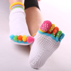 1pair Rainbow Color Non-slip Towel Bottom Yoga Socks, Cozy 5 Toes Split Knitted Calf Crew Socks, Women's Yoga Socks (Color: Color Toe White)