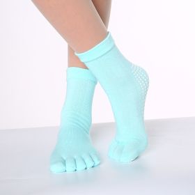 1pair Rainbow Color Non-slip Towel Bottom Yoga Socks, Cozy 5 Toes Split Knitted Calf Crew Socks, Women's Yoga Socks (Color: Light Blue)